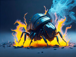 Poster - Beetle attacks and destroys electronics. Concept of computer virus and malicious software code.