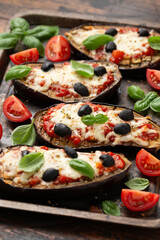 Wall Mural - Healthy Eggplant or Aubergine pizza with tomato sauce, mozzarella cheese, basil and olives