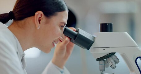 Poster - Science, research and woman with microscope, smile and biotech data report in laboratory. Medical innovation, scientist or lab technician in study for healthcare, medicine and vaccine test feedback.