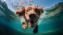 The Dog Swims Under Water With An Open Mouth.