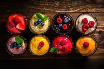 Wall Mural - Fruit puddings with fresh fruits in glasses on a dark wooden background, top view