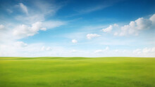 Beautiful Minimalist Idyllic Natural Landscape With Green Mowed Grass Meadow And Blue Textured Sky With White Clouds.AI
