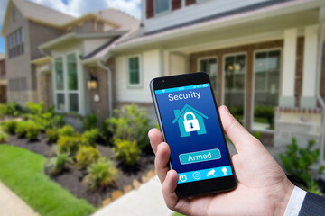 Poster - Smartphone with home security app in a hand on the building background.
