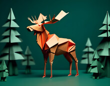 Origami Moose In Origami Forest - Paper Handcraft - Generative AI
