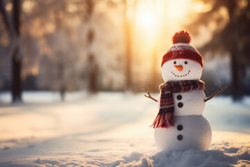 Welcome to the winter Christmas holidays with a festive snowman at a winter sunset, Santa's day is coming.copy space