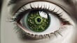 Menschliches Auge mit mechanischer grüner Iris.