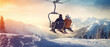 Happy People on ski lift on scenery sunset snowy mountain. Skiers or snowboarders tourism. Winter resort concept. Panorama view. Generative ai