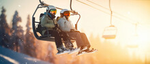 Happy People on ski lift on scenery sunset snowy mountain. Skiers or snowboarders tourism. Winter resort concept. Panorama view. Generative ai