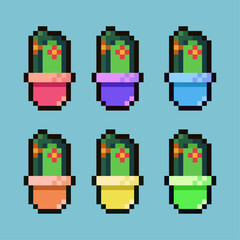Fototapete - Pixel art sets of cactus plant with variation color item asset. Simple bits of cactus on pixelated style. 8bits perfect for game asset or design asset element for your game design asset.