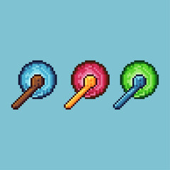 Leinwandbilder - pixel art sets of witch energy with variation color item asset. simple bits of magic wand weapon on 