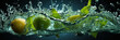 Wide horizontal banner of lime and lemon floating on a flowing water splash with fresh look