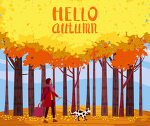 Hello Autumn Landscape, Woman In Autumn Coat Walking The Dog