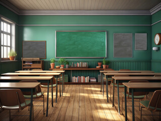 Aufkleber - Classroom interior with green chalkboard and wooden floor. Mock up. Generative AI