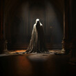 spooky figure with a cloak in a church