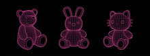 Y2k Grid Wireframe Bear Bunny Cat Toy. Geometry Cyberpunk 3D Shapes In Neon Pink Color In Trendy Psychedelic Rave Style. 2000s Y2k Retro Futuristic Aesthetic. Happy Valentines Day.