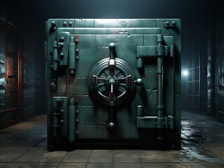 Poster - Dangerous green bank vault door in dark room. Generative AI