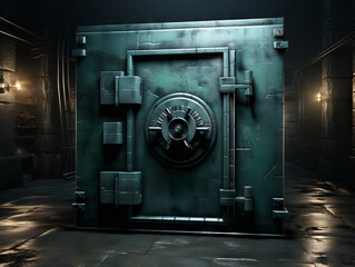 Poster - old steel safe in a dark room. Generative AI