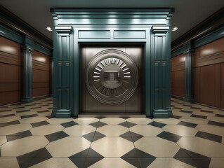 Poster - Interior of a hotel room with a vault door. Generative AI