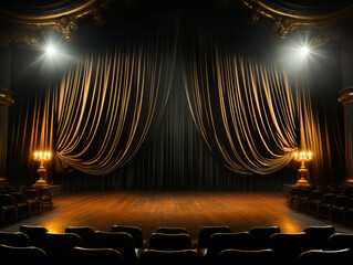 Aufkleber - Cinema stage with golden curtains and spotlights. Generative AI