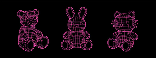 Wall Mural - y2k grid wireframe bear bunny cat toy. geometry cyberpunk 3d shapes in neon pink color in trendy psy