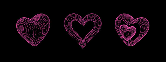 Wall Mural - y2k grid wireframe hearts. geometry cyberpunk 3d shapes in neon pink color in trendy psychedelic rav