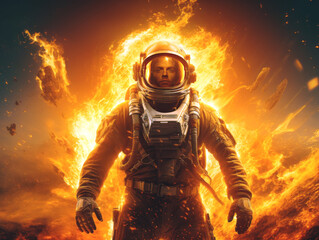Poster - Astronaut in space suit and helmet on fire background. Generative AI