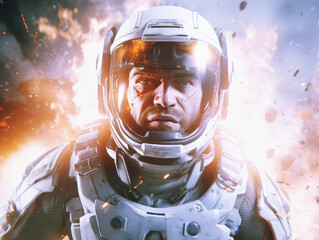 Poster - Astronaut in spacesuit against the background of a burning planet. Generative AI