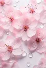 Sakura Flowers Bloom Pink With Water On The Petals. Sakura