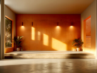 Poster - Interior of a hotel room with orange walls and concrete floor. Generative AI