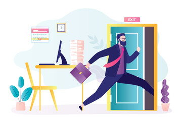 Wall Mural - Male employee runs out of office. Exit, open doors, businessman runs away from work. Corporate slavery, hard work. Freedom from work, weekend start. Overload, burnout.