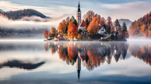 Foggy Autumn Morning Reflection Of Bled Island In The Lake Bled. Autumn Background.