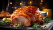 Close up of cutted Ham glazed with Honey. Kitchen Backdrop