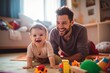 © Jorge Ferreiro - father with his baby playing at home with toys and taking care of his son with love