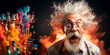 Funny crazy old man with long white beard and mustache in glasses and colorful smoke on black background. Generative AI