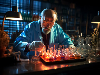 Poster - Senior scientist working in the laboratory at night. Generative AI
