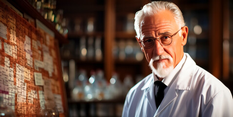 Poster - Portrait of senior male scientist in lab, coat and glasses, looking at camera. Generative AI