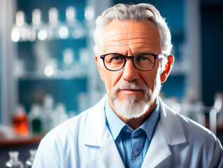 Poster - Portrait of a senior male scientist working in a laboratory. He is wearing glasses and a white coat. Generative AI