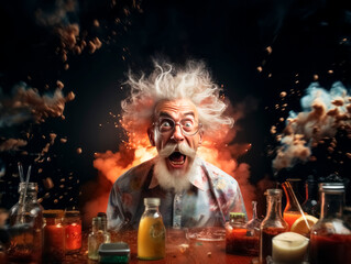 Poster - Funny crazy scientist working in laboratory. Portrait of crazy scientist. Generative AI