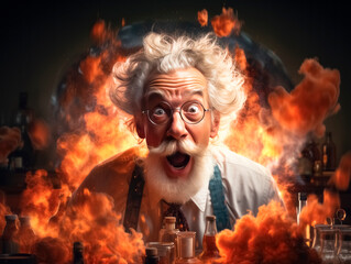 Poster - Funny old man with a beard and glasses in the laboratory. Generative AI