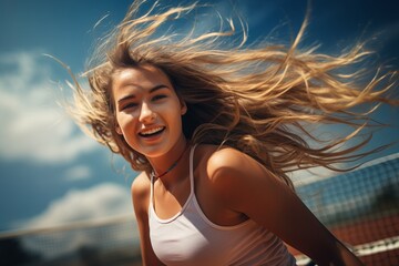 young blonde caucasic woman playing tennis with an active energetic attitude