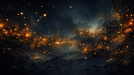 cosmic rain: a surreal dance of golden orbs in the night sky,background with stars