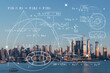 New York City skyline from New Jersey over Hudson River, Hudson Yards skyscrapers at sunset. Manhattan, Midtown. Technologies, education concept. Academic research, top ranking university, hologram