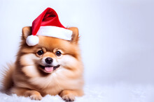 Pomeranian Breed Dog In Santa Claus Hat On White Background