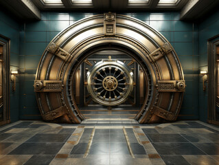 Poster - bank vault with a vault door in the background. Generative AI