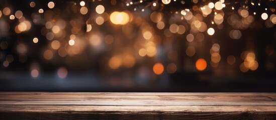 Wall Mural - Dark wooden deck table with Christmas tree light bokeh and empty space for product montage