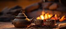 Arabian Coffee And Tea Pots By The Desert Fireplace In Riyadh Saudi Arabia