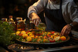 © mitarart - Chef drizzling golden olive oil over a sizzling pan of fresh ingredients.