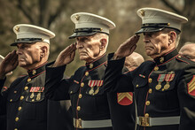 Elderly US Marine Corps Veterans In Dress Uniform Salute Fallen Service Members At A Cemetery