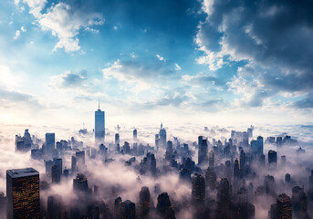 Futuristic cityscape with skyscrapers and blue cloudy sky