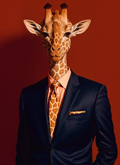 giraffe head in a suit and necktie on a red background